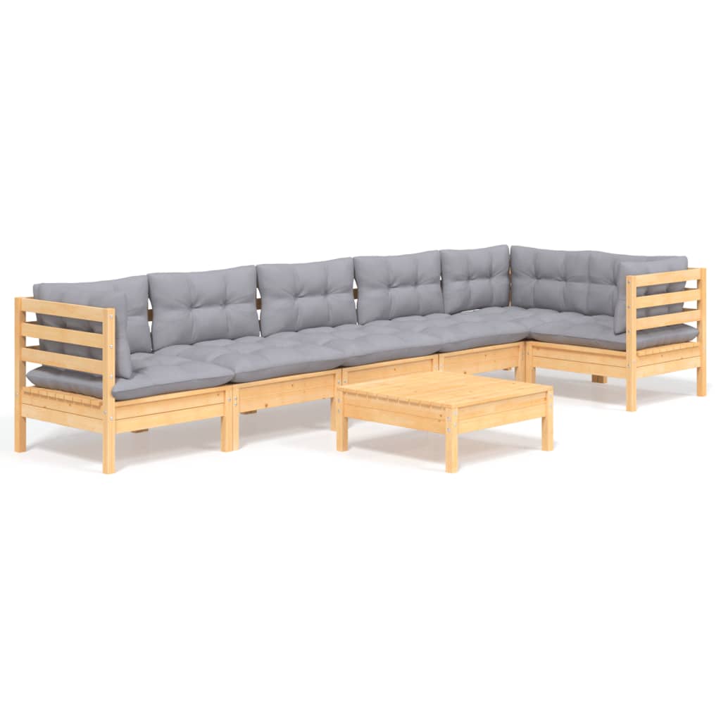 7-Delige Loungeset Met Grijze Kussens Grenenhout