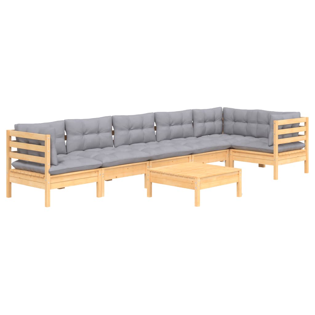 7-Delige Loungeset Met Grijze Kussens Grenenhout