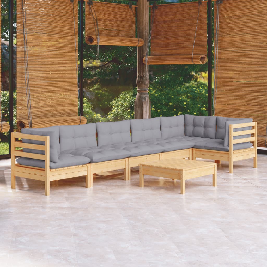 7-Delige Loungeset Met Grijze Kussens Grenenhout