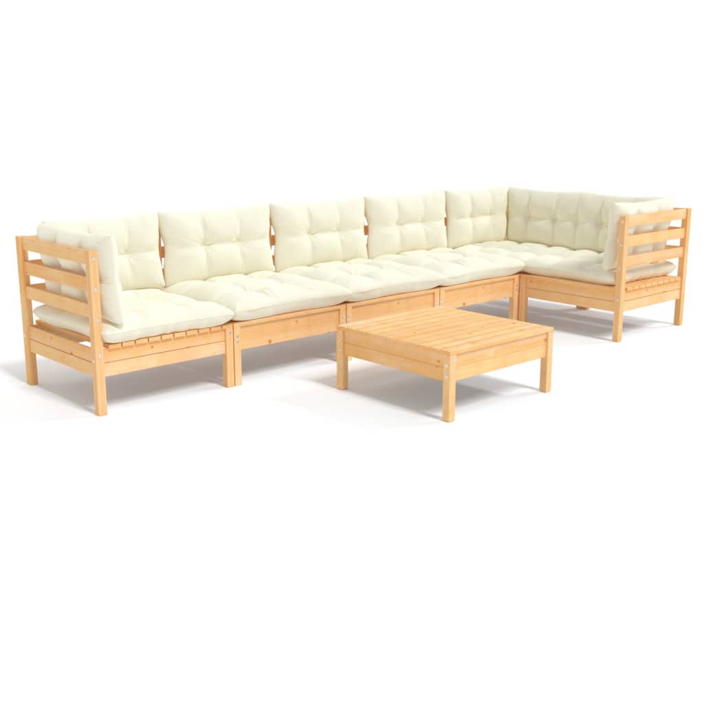 7-Delige Loungeset Met Crèmekleurige Kussens Grenenhout