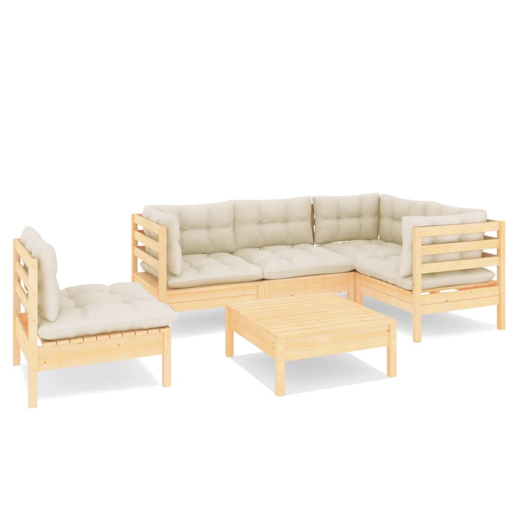 6-Delige Loungeset Met Crèmekleurige Kussens Grenenhout