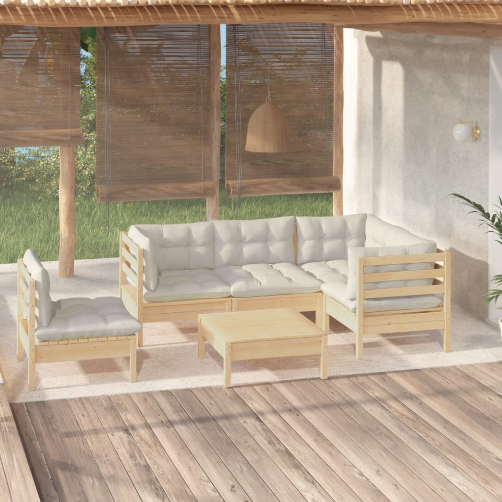 6-Delige Loungeset Met Crèmekleurige Kussens Grenenhout
