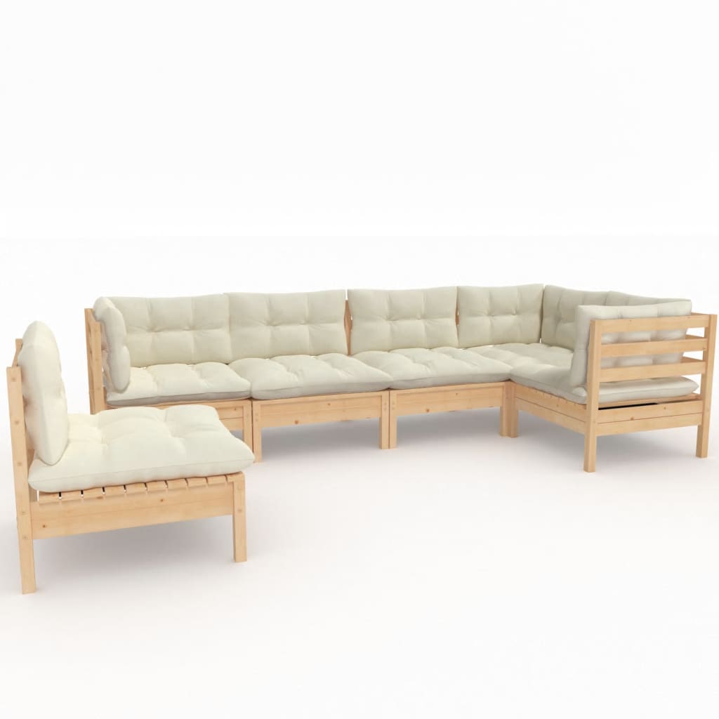 6-Delige Loungeset Met Crèmekleurige Kussens Grenenhout