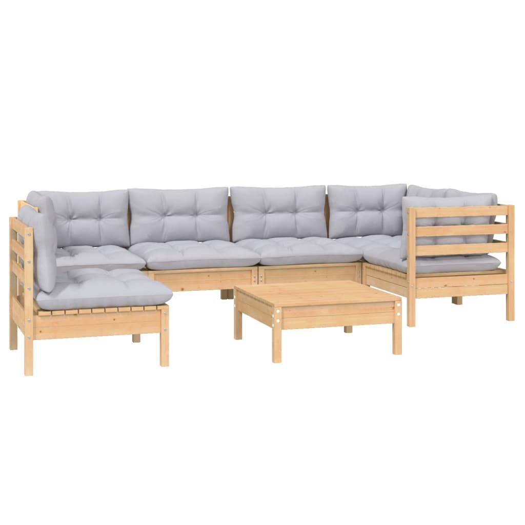 7-Delige Loungeset Met Grijze Kussens Grenenhout