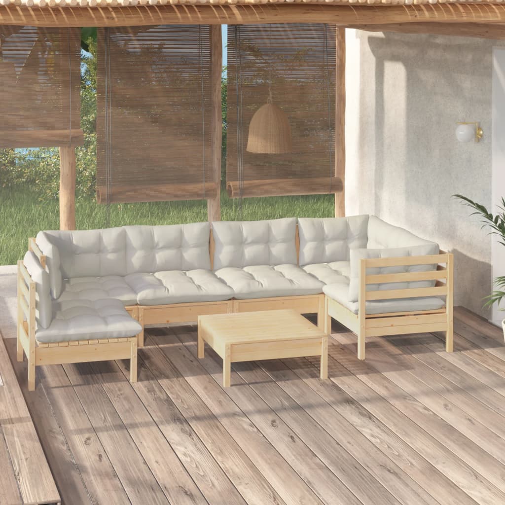 7-Delige Loungeset Met Crèmekleurige Kussens Grenenhout