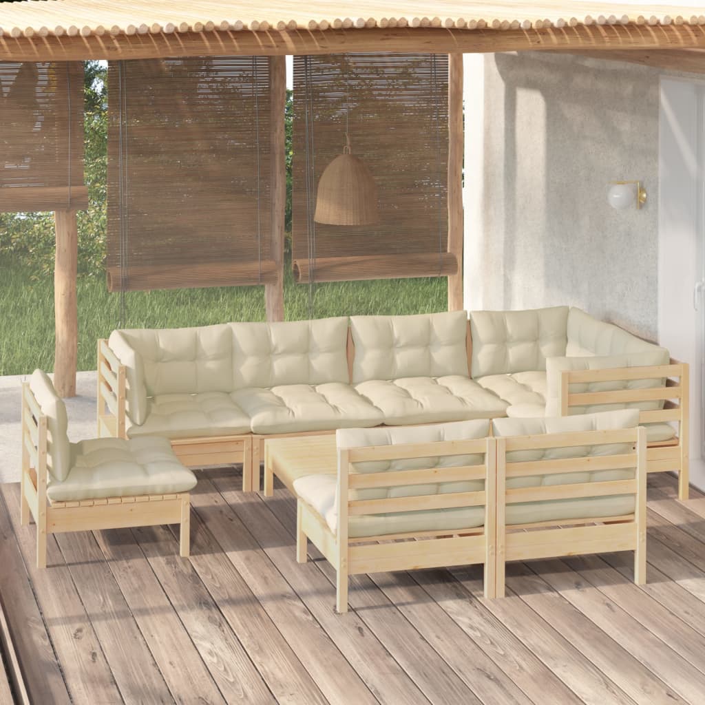 9-Delige Loungeset Met Crèmekleurige Kussens Massief Grenenhout