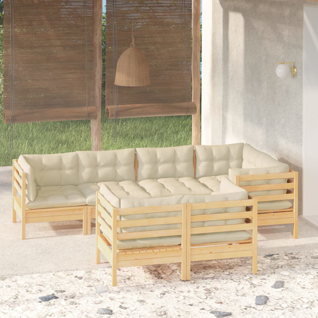 7-Delige Loungeset Met Crèmekleurige Kussens Grenenhout