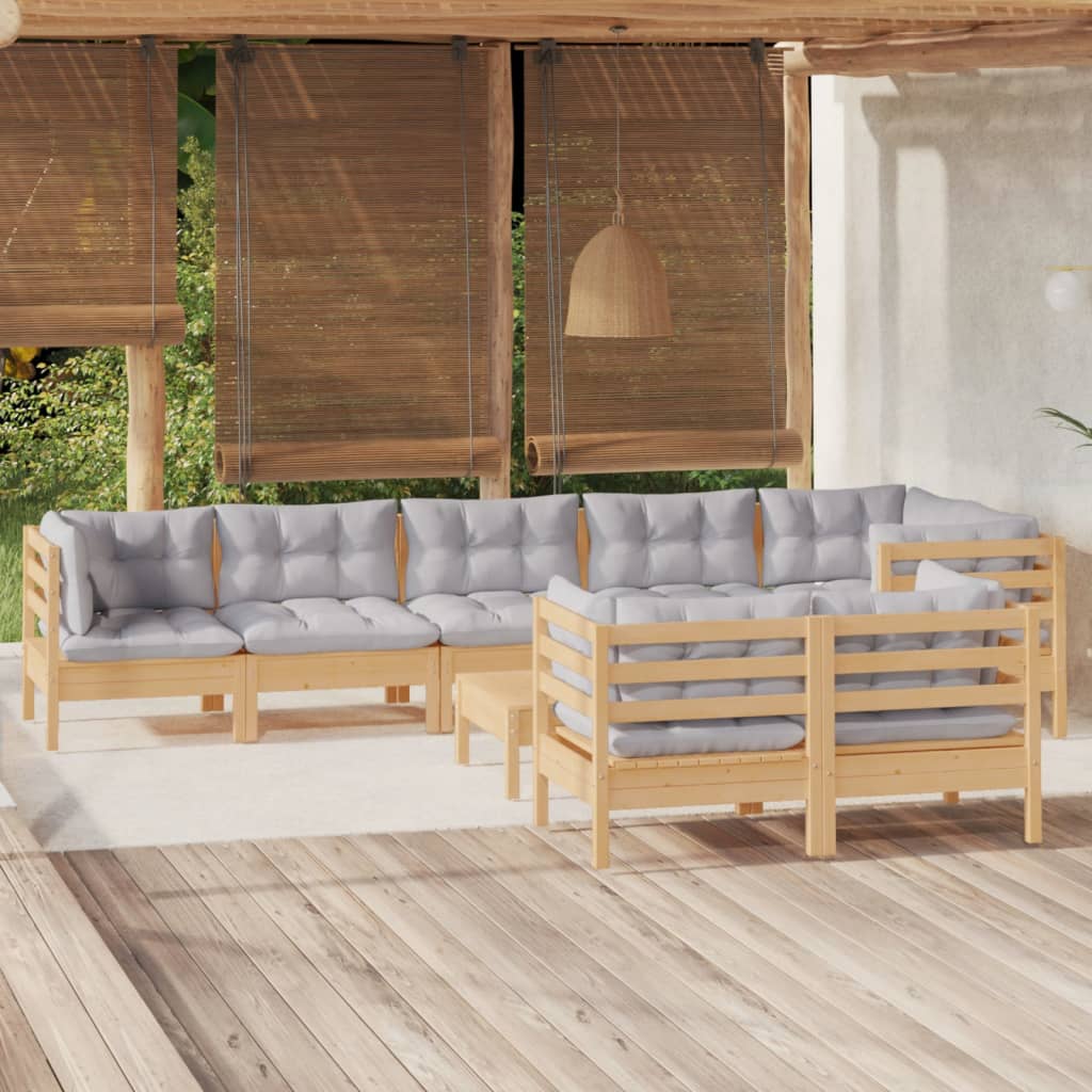 9-Delige Loungeset Met Grijze Kussens Massief Grenenhout