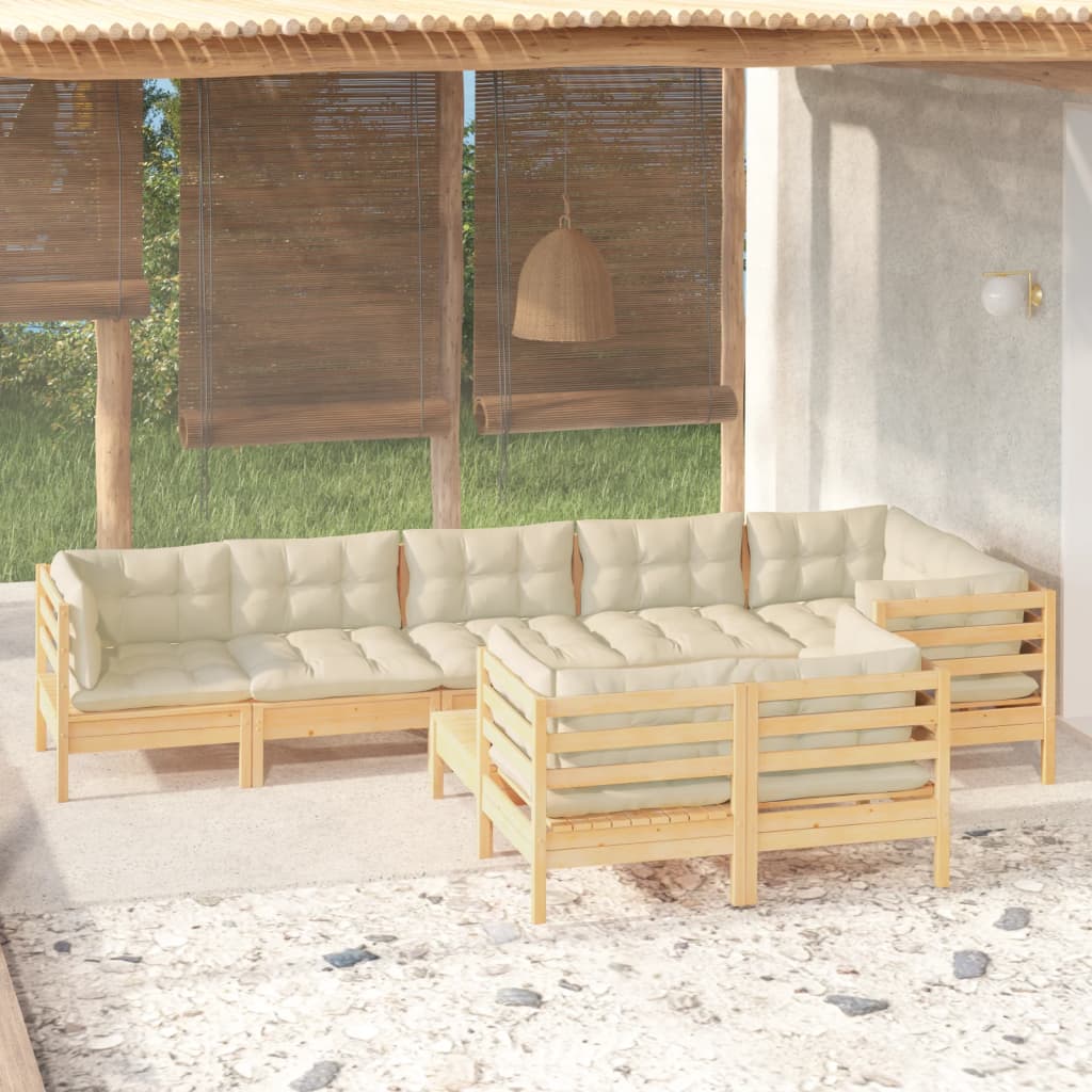 9-Delige Loungeset Met Crèmekleurige Kussens Massief Grenenhout