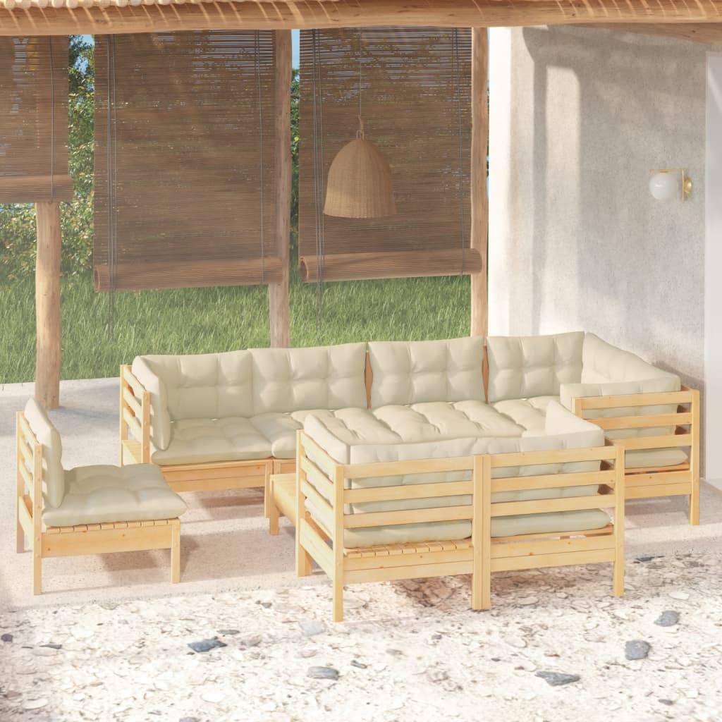 9-Delige Loungeset Met Crèmekleurige Kussens Massief Grenenhout