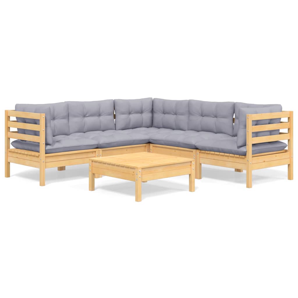 6-Delige Loungeset Met Grijze Kussens Grenenhout