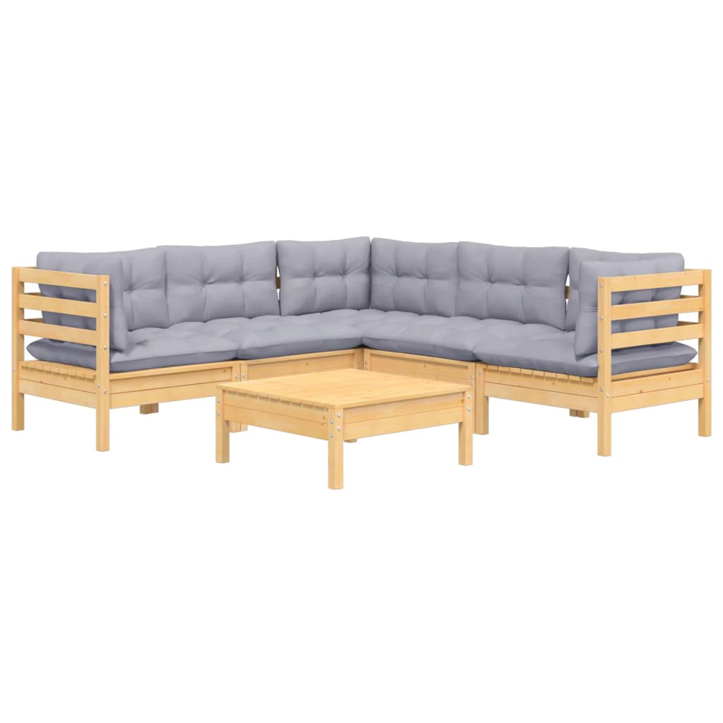6-Delige Loungeset Met Grijze Kussens Grenenhout
