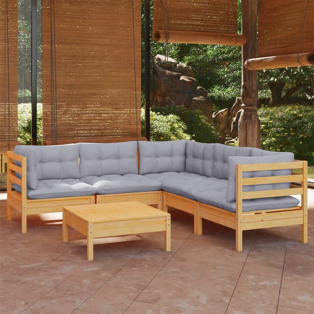 6-Delige Loungeset Met Grijze Kussens Grenenhout