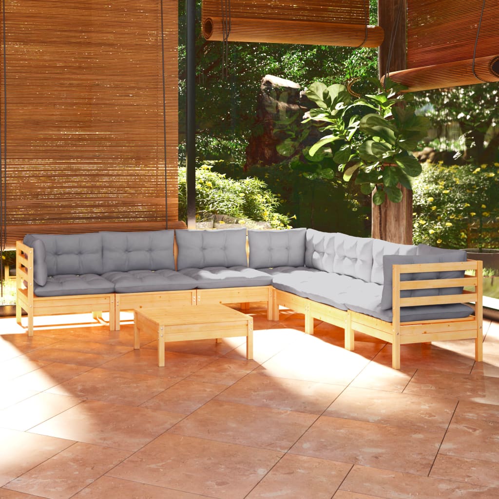 8-Delige Loungeset Met Grijze Kussens Grenenhout