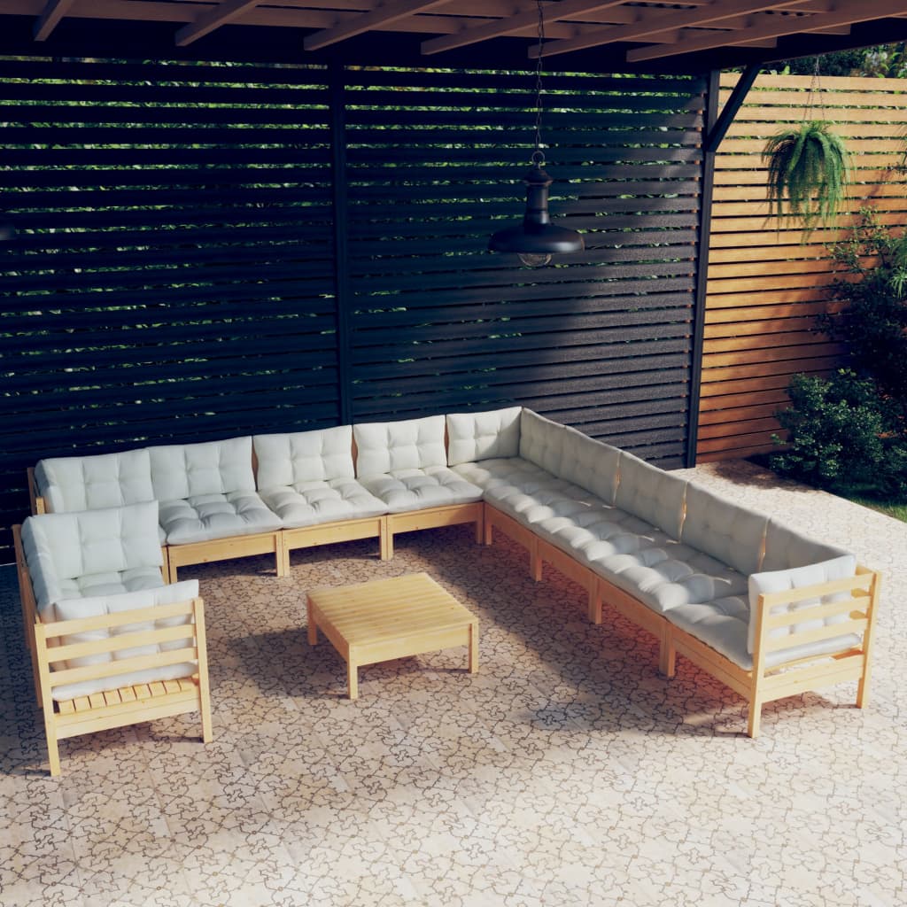 12-Delige Loungeset Met Crèmekleurige Kussens Grenenhout