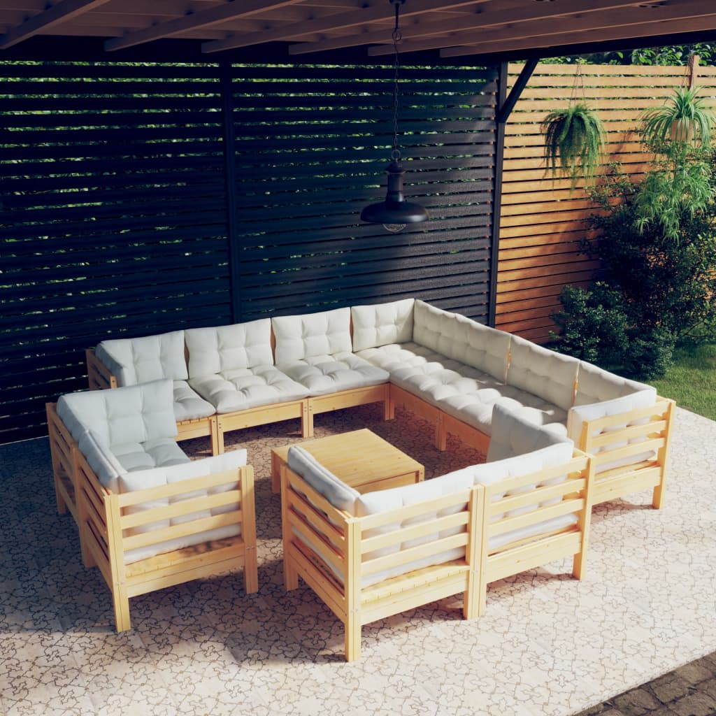 12-Delige Loungeset Met Crèmekleurige Kussens Grenenhout