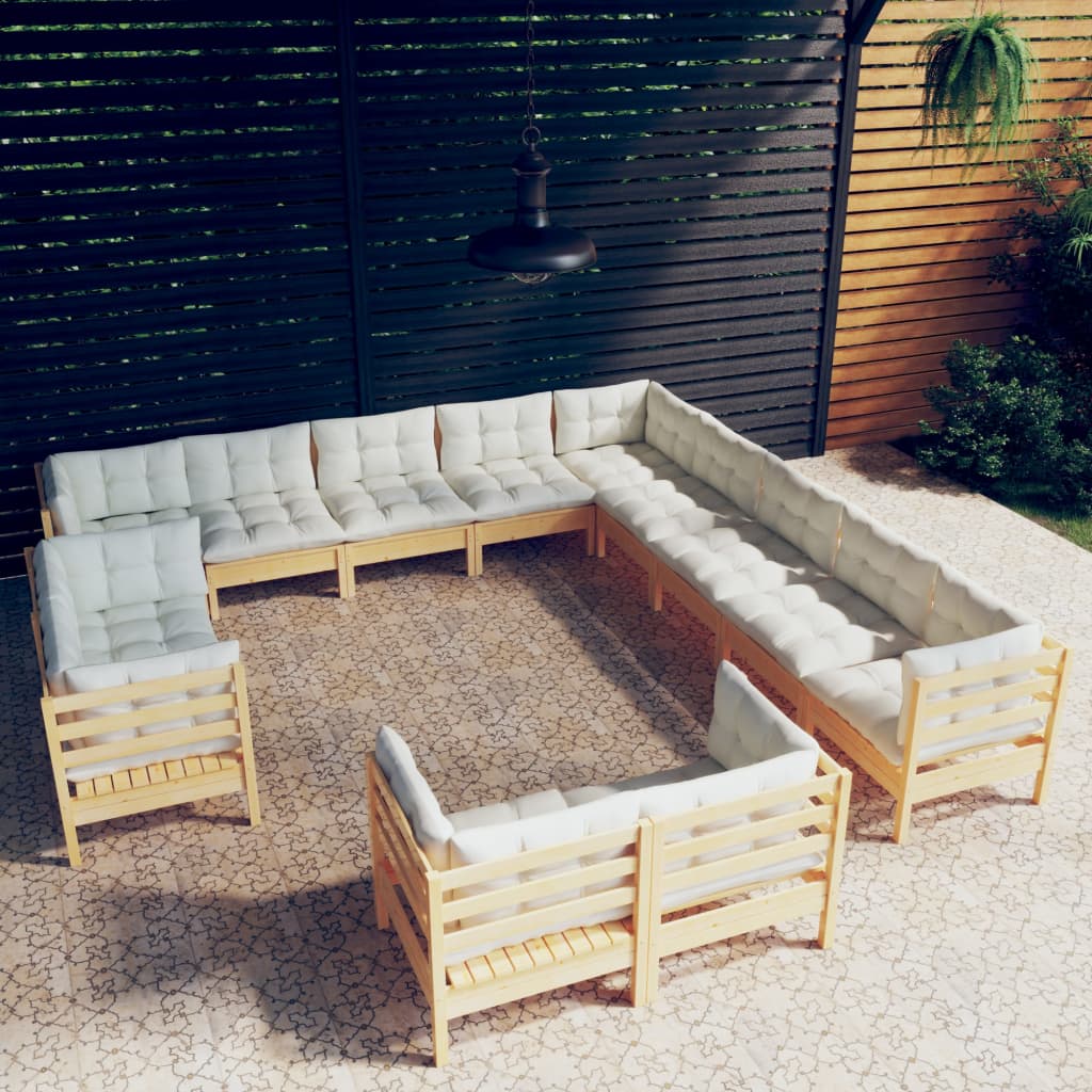 13-Delige Loungeset Met Crèmekleurige Kussens Grenenhout