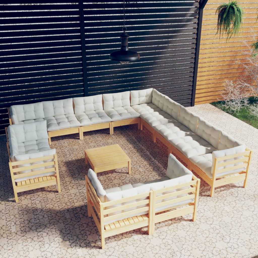 14-Delige Loungeset Met Crèmekleurige Kussens Grenenhout