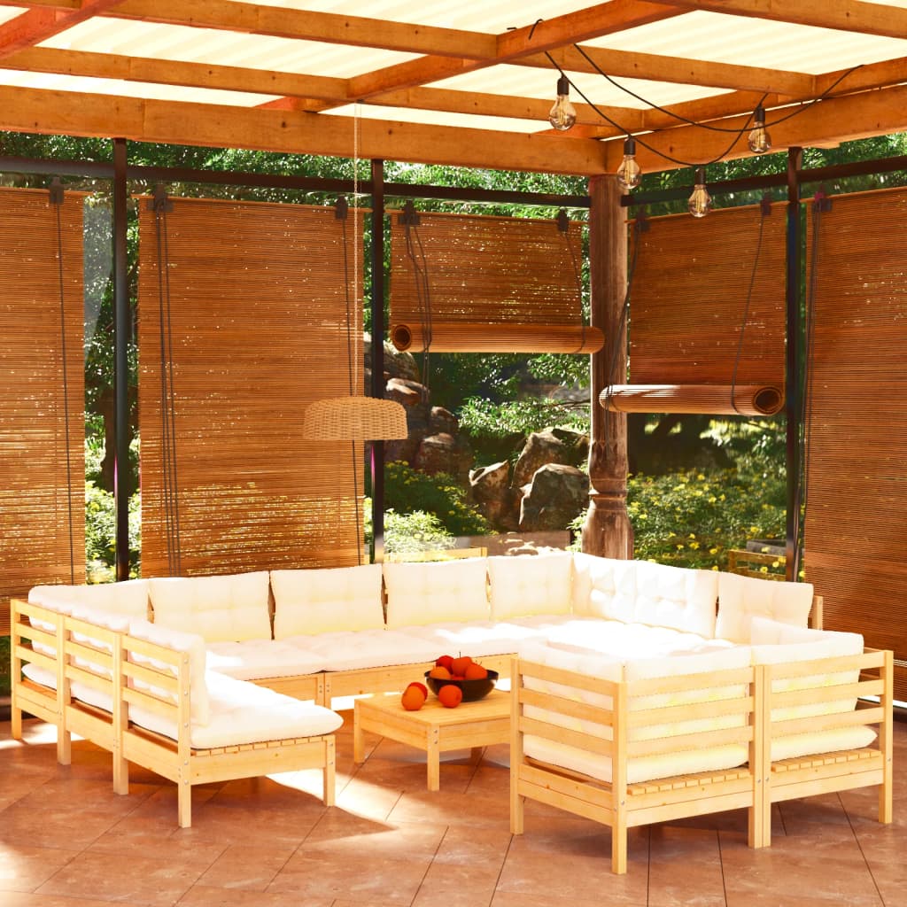12-teiliges Lounge-Set mit cremefarbenen Kissen aus Kiefernholz