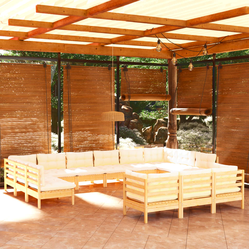 13-teiliges Lounge-Set mit cremefarbenen Kissen aus Kiefernholz