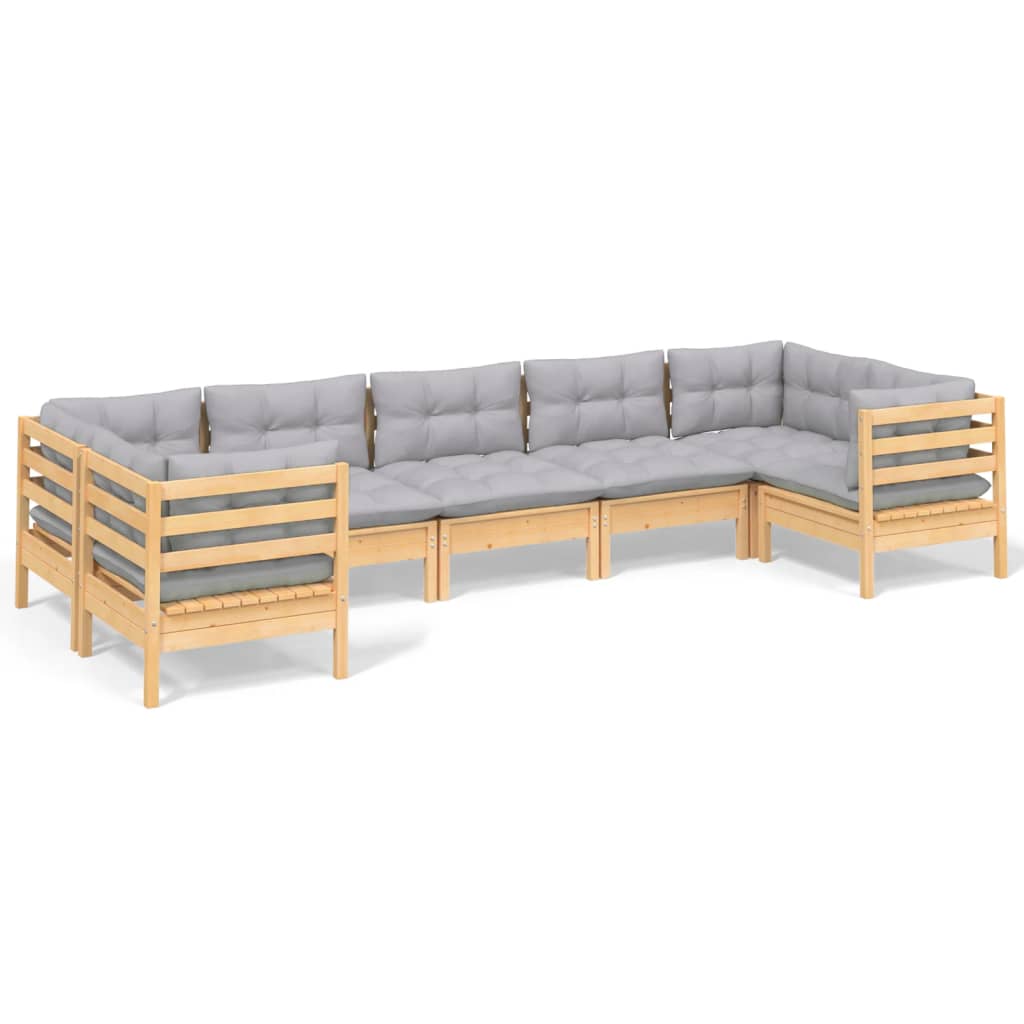 7-Delige Loungeset Met Grijze Kussens Grenenhout