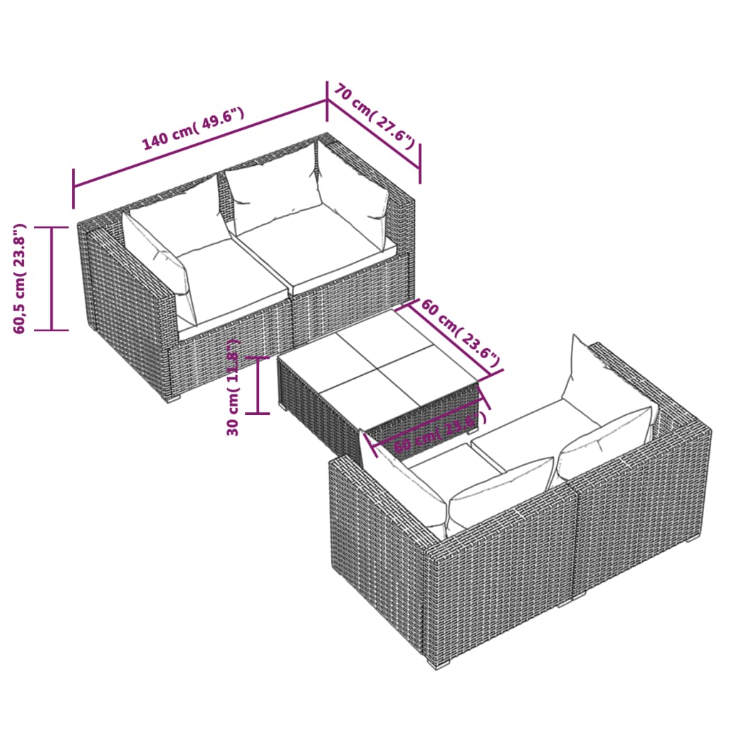 5-Delige Loungeset Met Kussens Poly Rattan Grijs