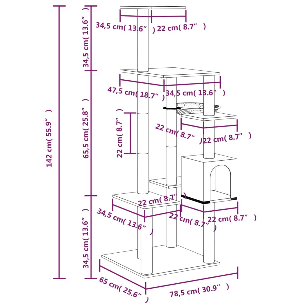 Katzenmöbel mit Sisal-Kratzstämmen 142 cm cremefarben