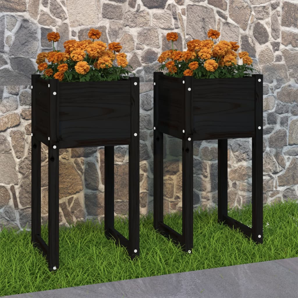 Pflanzgefäße, 2 Stück, 40 x 40 x 81 cm, massives Kiefernholz, schwarz