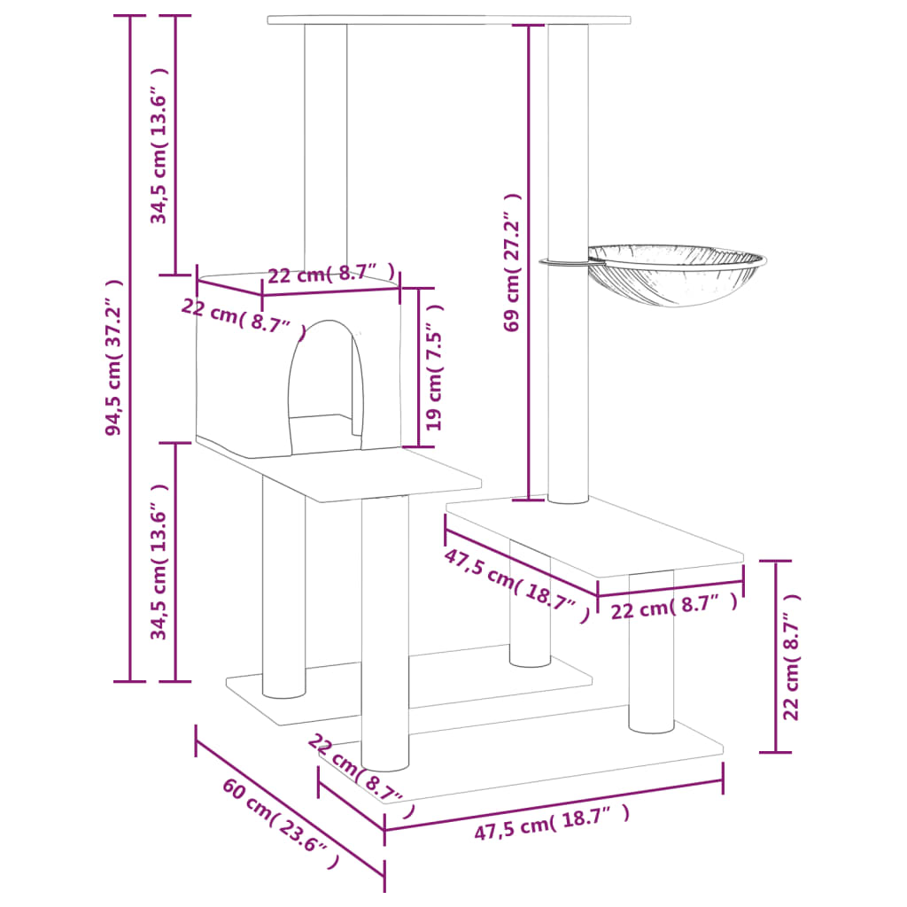 Katzenmöbel mit Sisal-Kratzbäumen, 94,5 cm, Creme