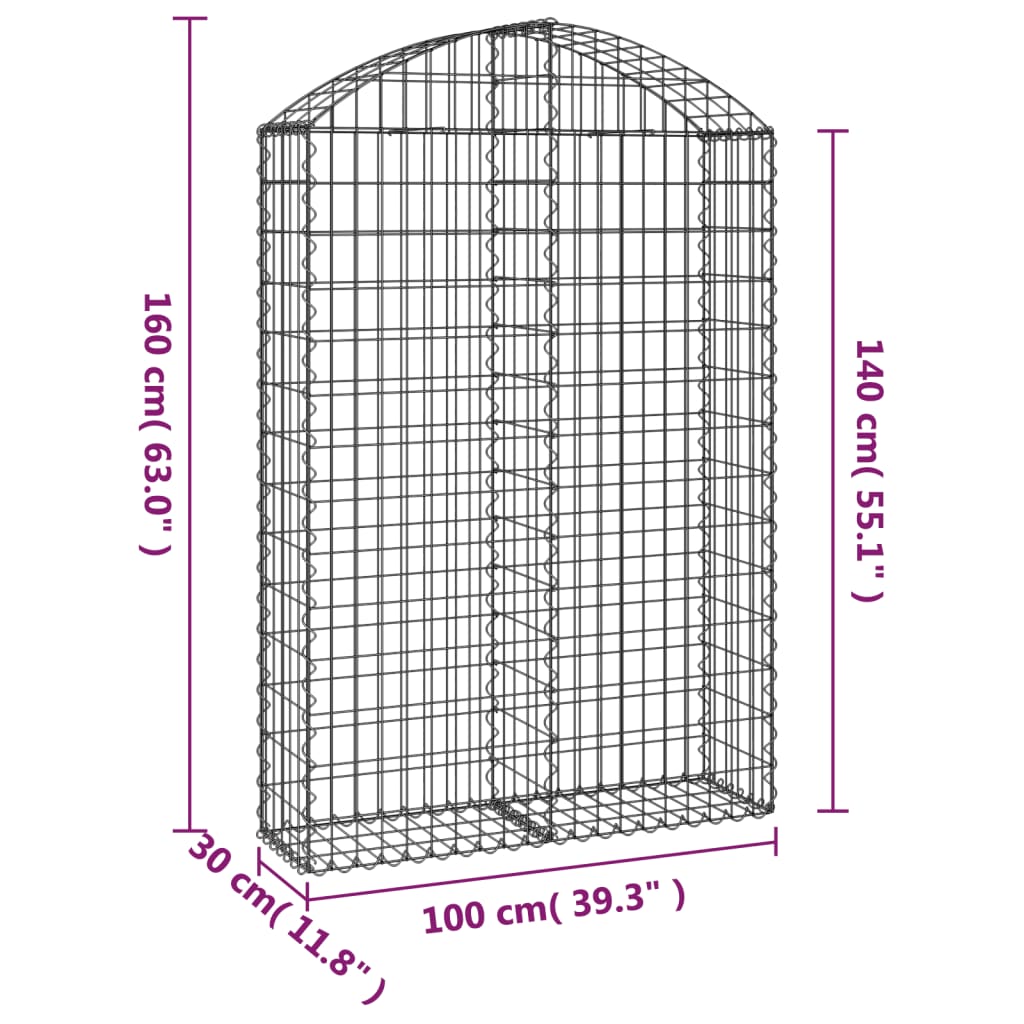 Gewölbte Gabione 100 x 30 x 140/160 cm aus verzinktem Eisen