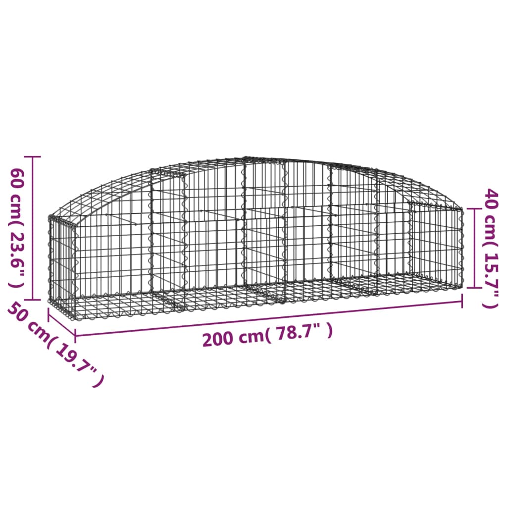 Gewölbte Gabione 200 x 50 x 40/60 cm aus verzinktem Eisen