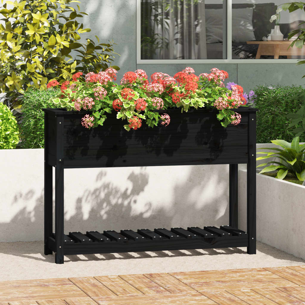 Plantenbak Met Schap 111,5X34,5X81 Cm Massief Grenenhout Zwart