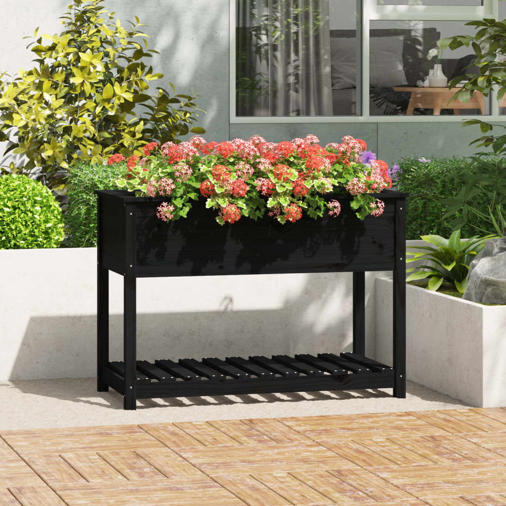 Plantenbak Met Schap 111,5X54X81 Cm Massief Grenenhout Zwart