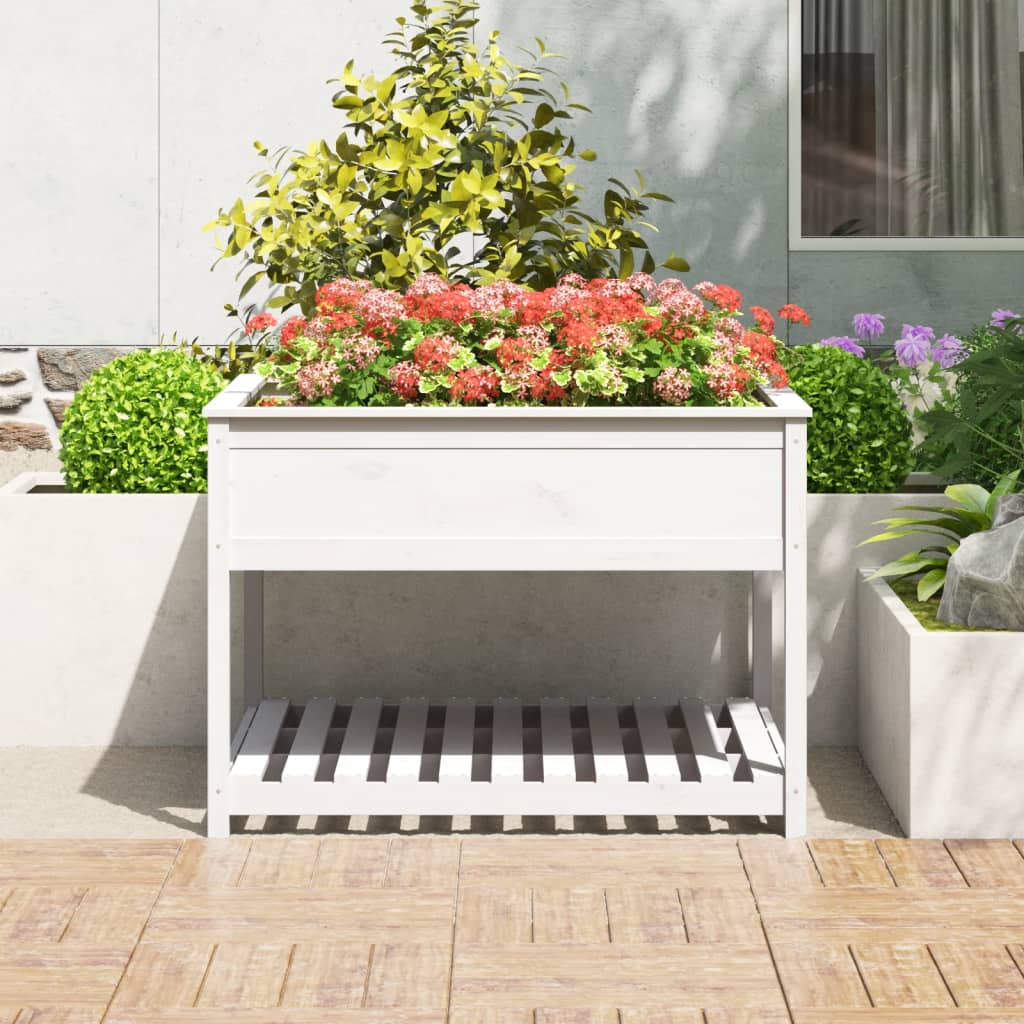 Plantenbak Met Schap 111,5X111,5X81 Cm Massief Grenenhout Wit
