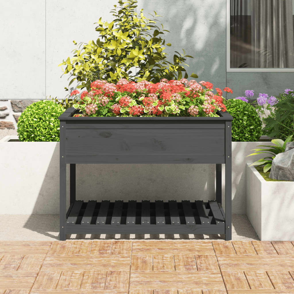 Plantenbak Met Schap 111,5X111,5X81 Cm Massief Grenenhout Grijs