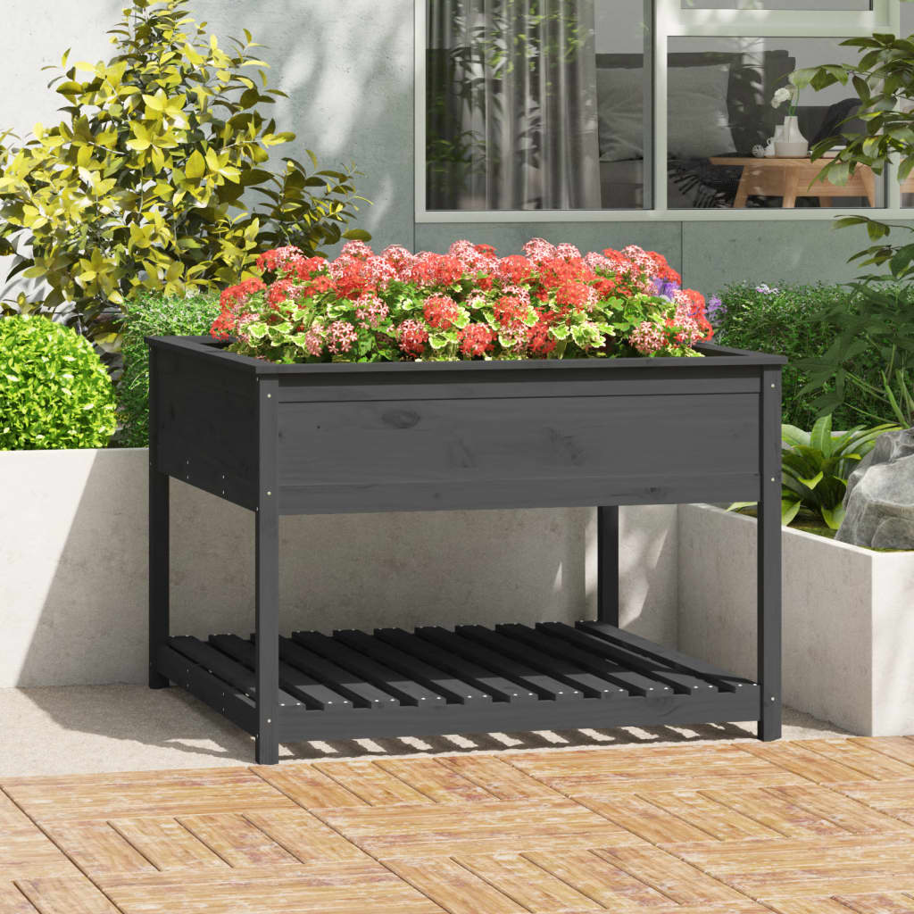 Plantenbak Met Schap 111,5X111,5X81 Cm Massief Grenenhout Grijs