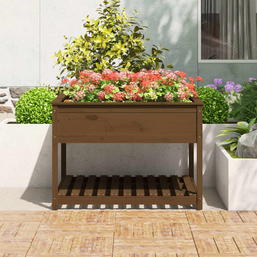 Plantenbak Met Schap 111,5X111,5X81 Cm Grenenhout Honingbruin