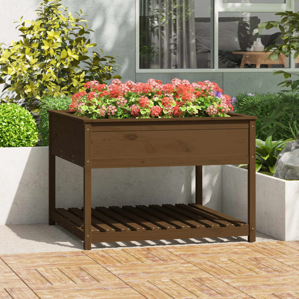Plantenbak Met Schap 111,5X111,5X81 Cm Grenenhout Honingbruin