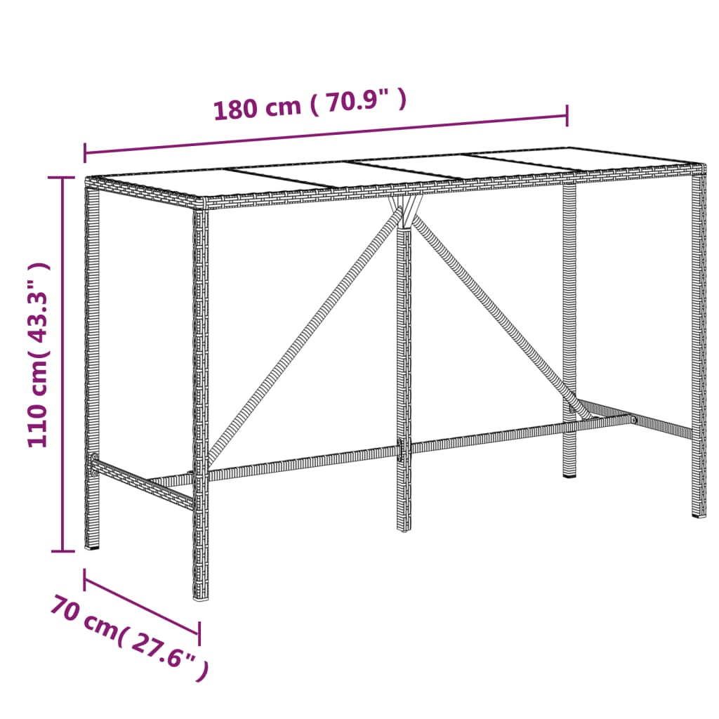 Bartisch mit Glasplatte 180x70x110 cm Polyrattan braun