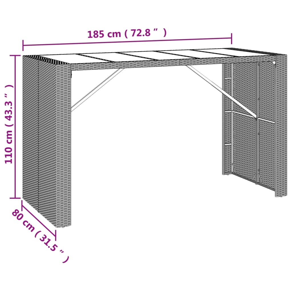 Bartafel Met Glazen Blad 185X80X110 Cm Poly Rattan Zwart